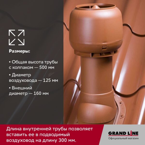 Выход вытяжки 125х160х500 Изолированный RR 32 с колпаком — изображение 4