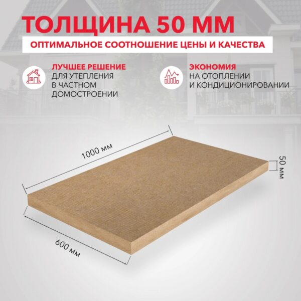 Утеплитель Rockwool Лайт Баттс Оптима 1000х600х50 мм (10шт/пачка; 6м2; 0,3м3) — изображение 2